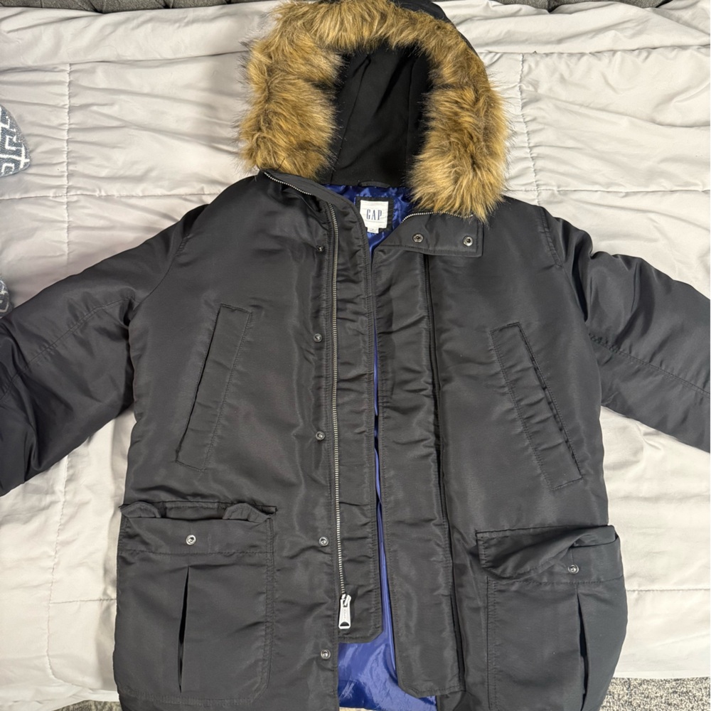 GAP Black and Brown Puffer Jacket with Fur Trim